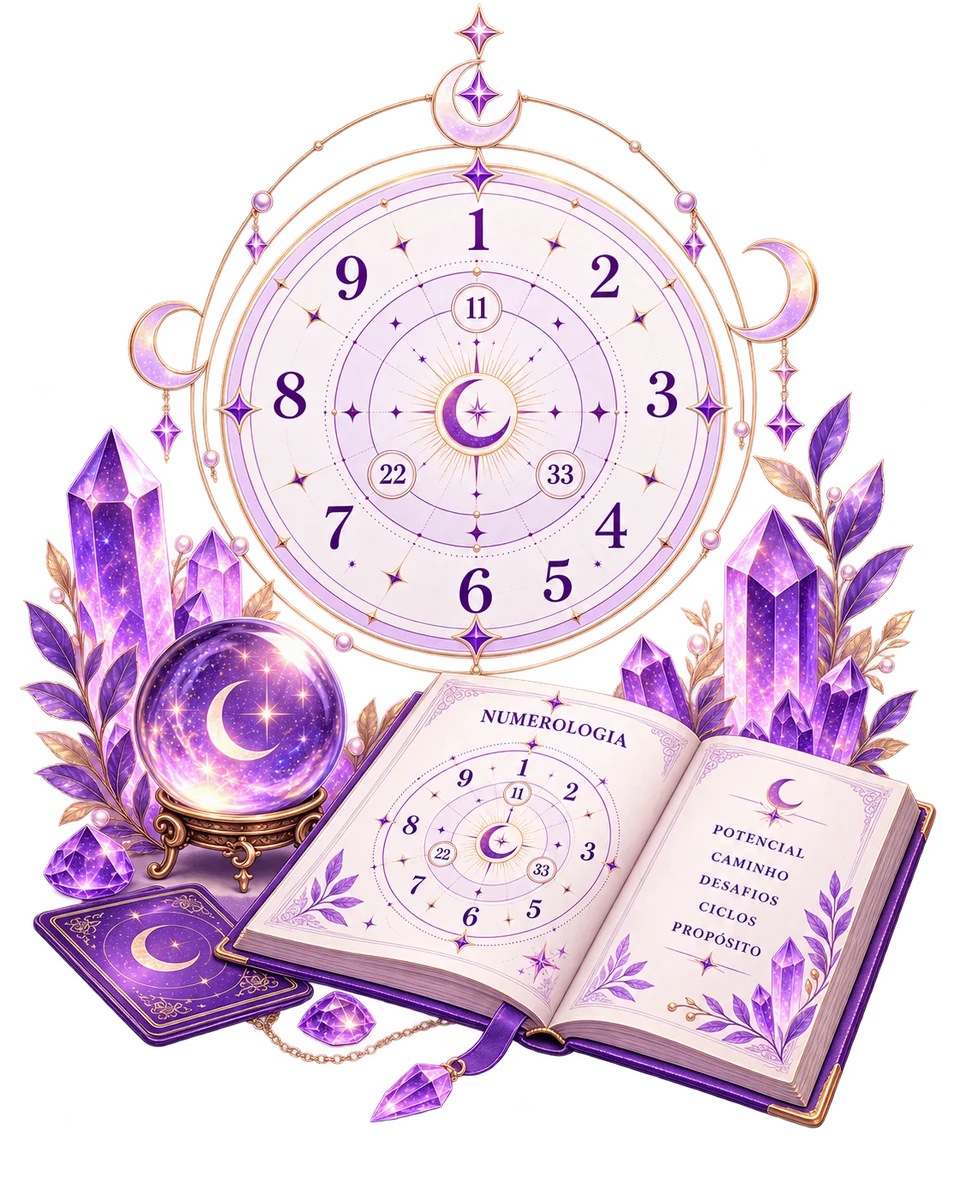 A roda dos números da Lunaris, com a bola de cristal e o livro da numerologia